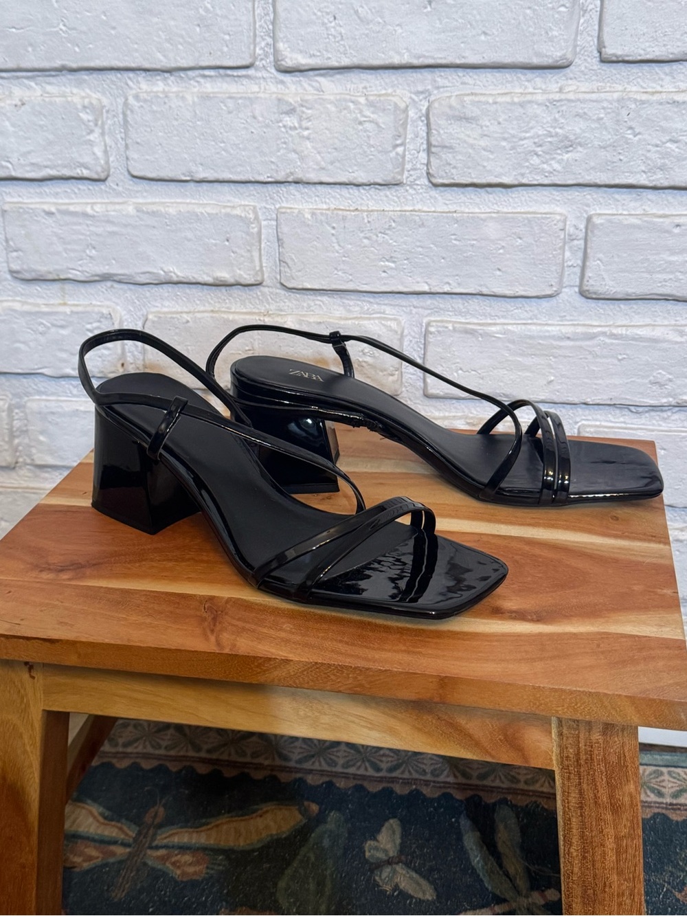 Zara Black Patent Strappy Block Heel Sandals - Women's